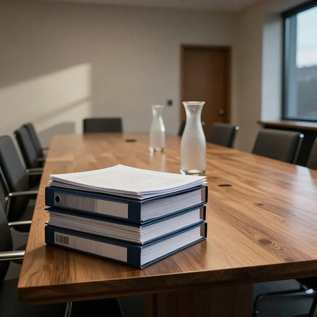 Salle de comité vide après une négociation budgétaire, dossiers empilés et carafes sous une lumière douce.