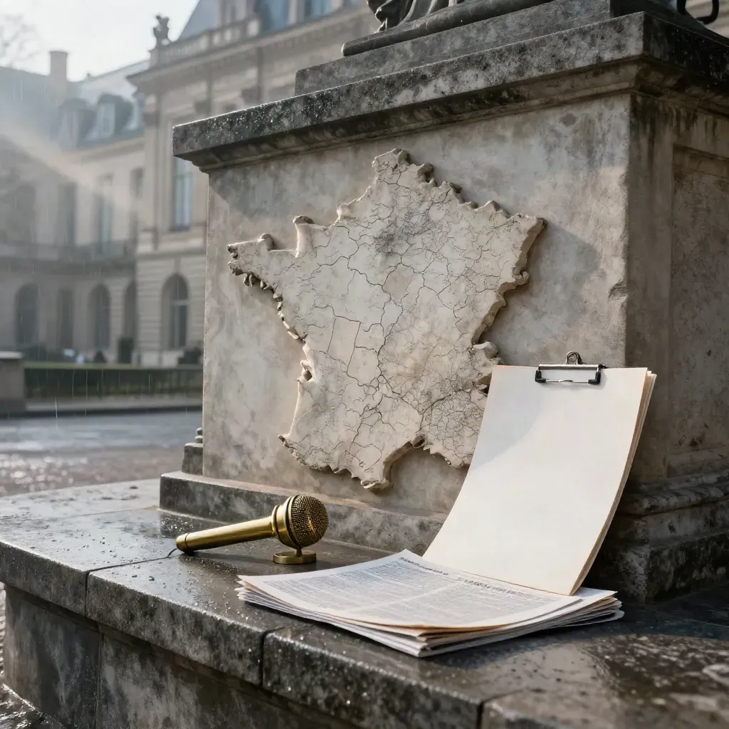 Relief de la France, micro en laiton, dossiers presse et façade institutionnelle sous pluie du matin.