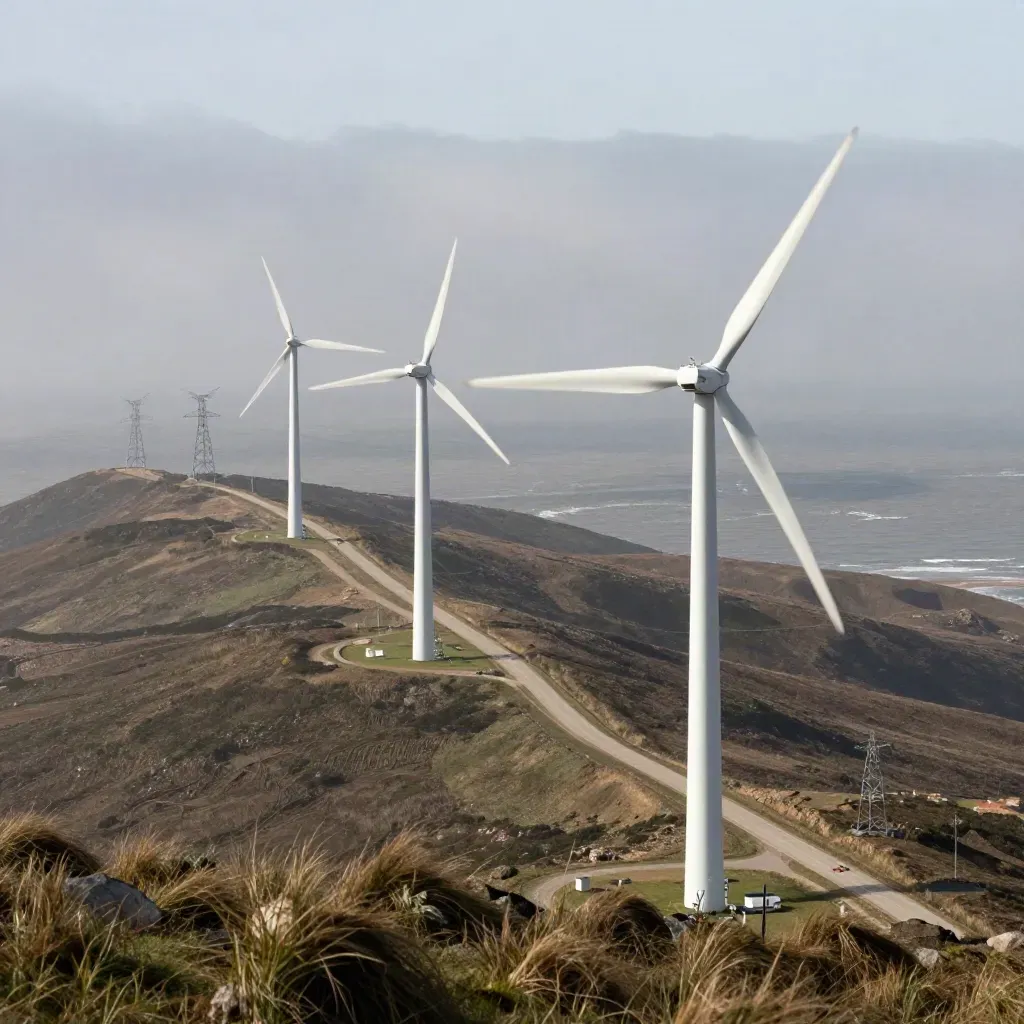 Éoliennes blanches sur une crête côtière, route de service et pylônes face à la mer.