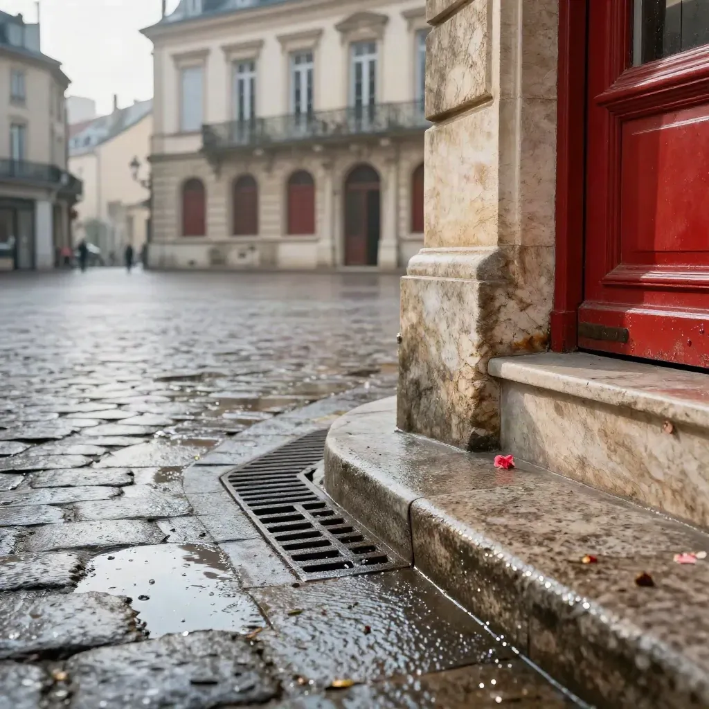 Place de mairie provinciale après la pluie, pavés mouillés et façade calme au petit matin.