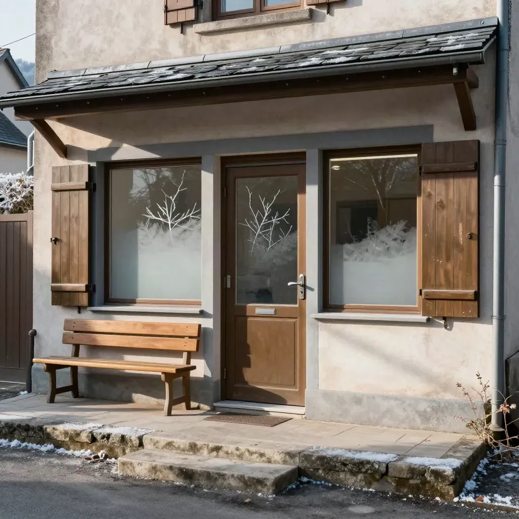 Façade d’un cabinet médical rural fermé, banc vide et branches d’hiver au verre.