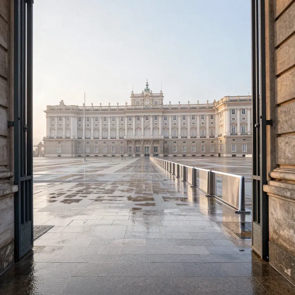 Cour de l’Élysée à l’aube, pavés mouillés, mâts de drapeaux et façade illuminée.