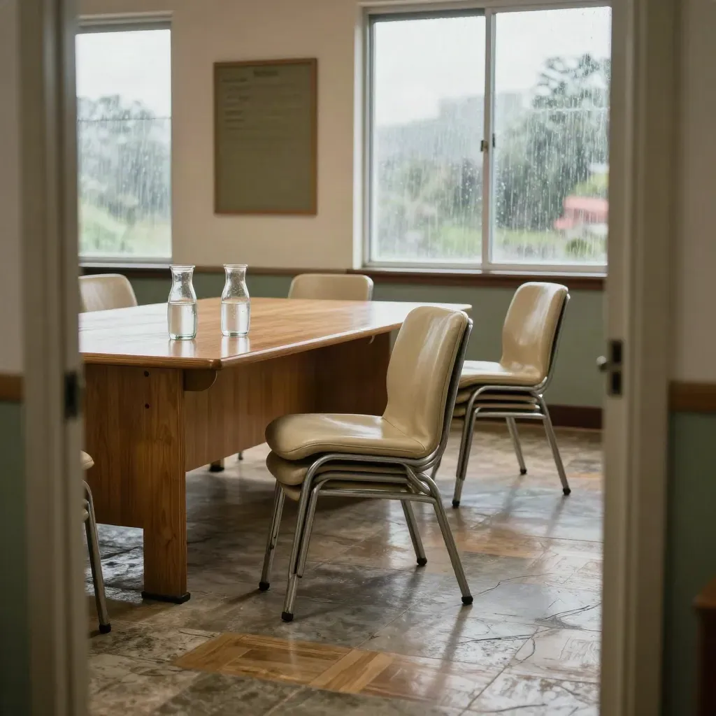 Salle de conseil vide, chaises empilées et carafes vides sous la pluie aux fenêtres.