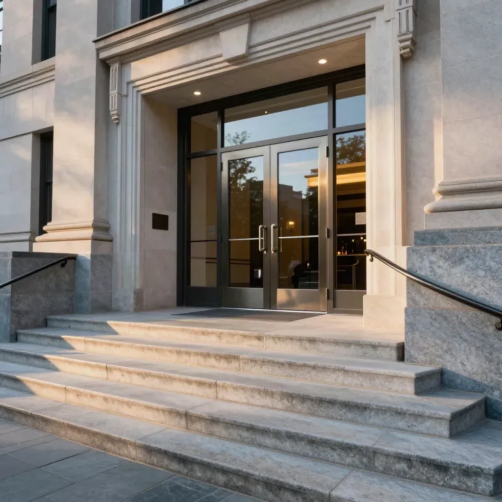 Entrée d’un tribunal à l’aube, marches éclairées, portes vitrées et portique de sécurité.