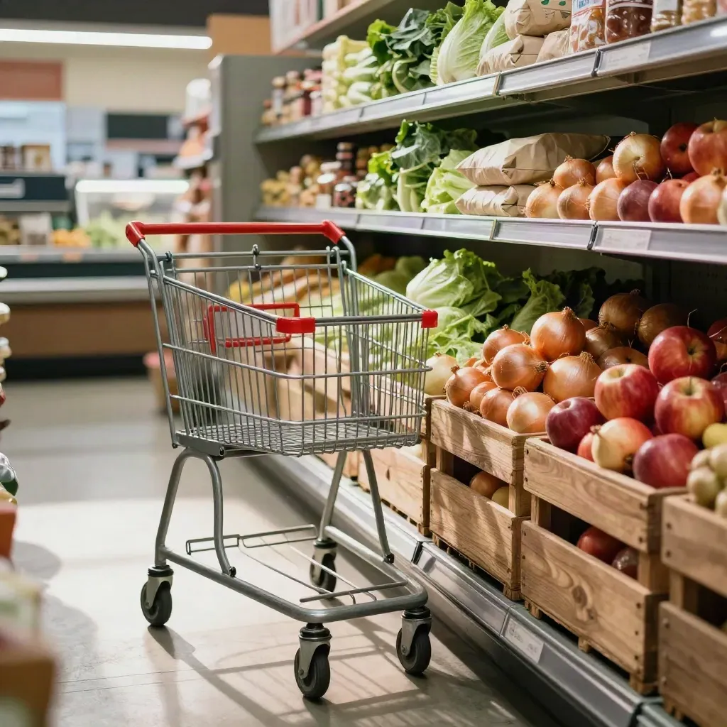 Allée de fruits et légumes en supermarché, chariot sage et produits de base au calme du matin.