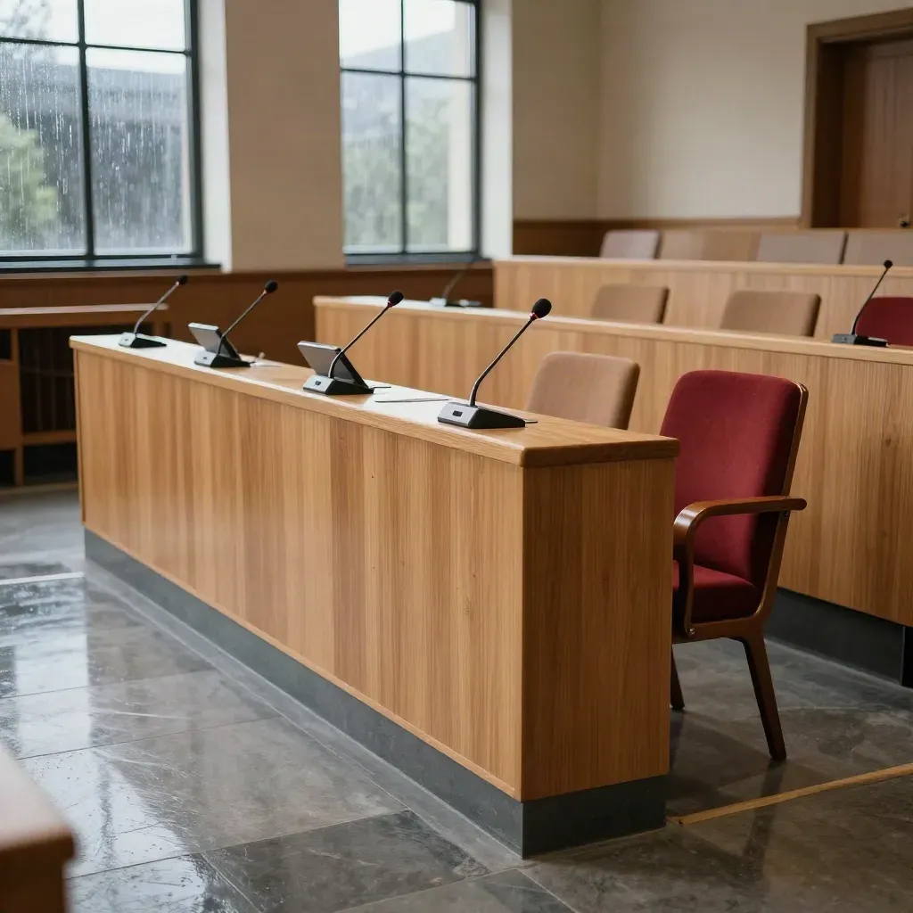 Salle du conseil régional vide sous la pluie, rangée de sièges et micros.