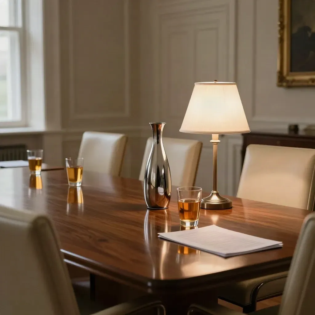 Salle du Conseil des ministres vide après la séance, chaises reculées et lampe allumée.