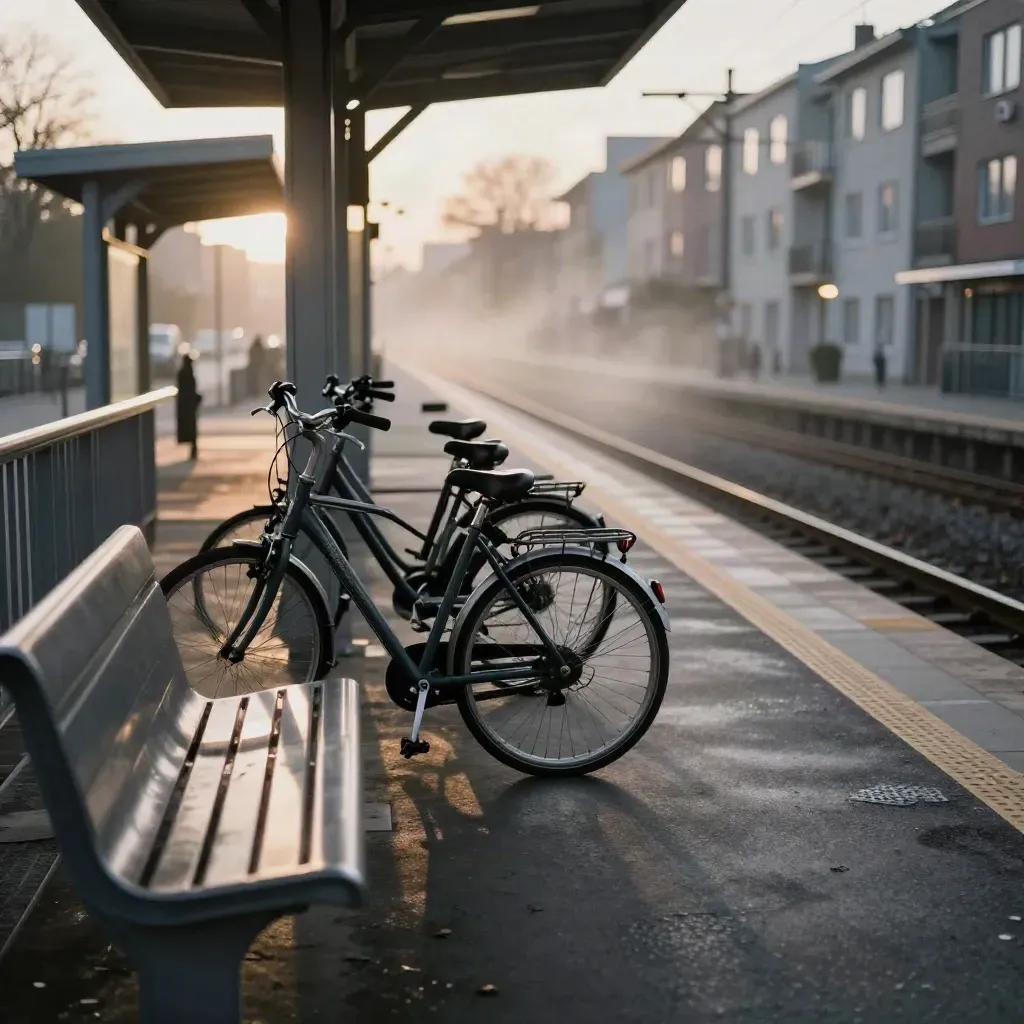 Plateforme de gare à l’aube avec vélos, banc et fenêtres d’immeubles éclairées.