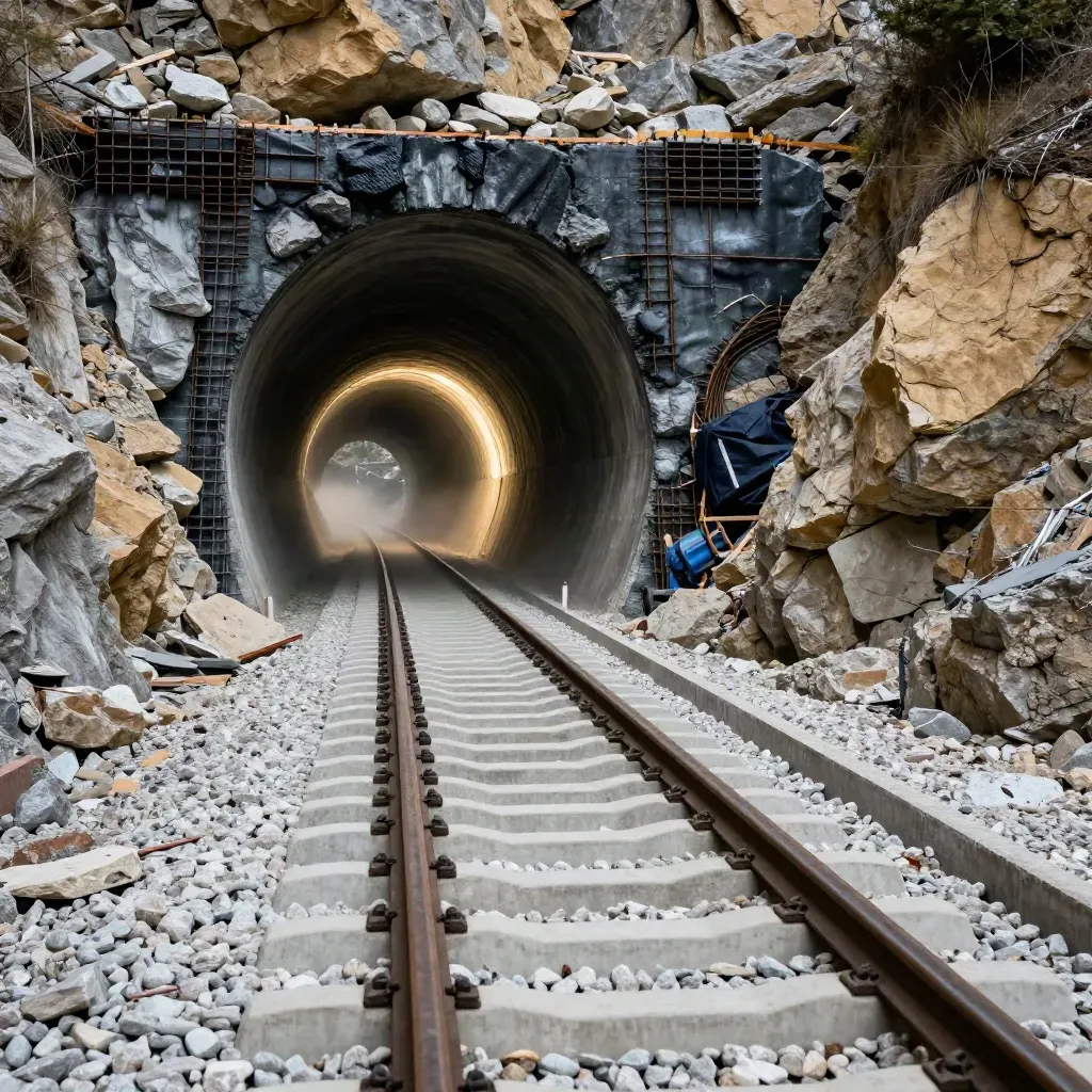 Chantier du tunnel Lyon-Turin, rails, béton et roche éclairés par une lueur froide.