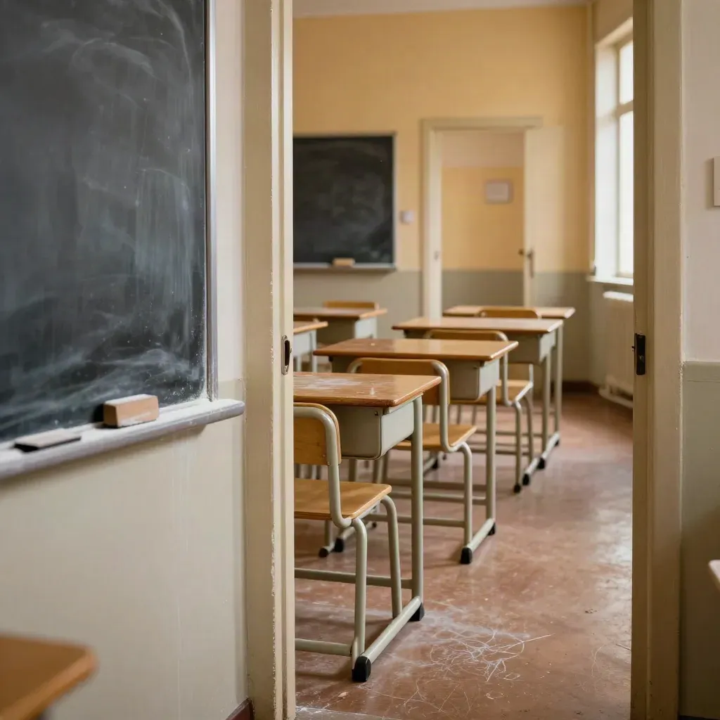 Salle de classe vide au matin, pupitres alignés, couloir ensoleillé, poussière de craie.