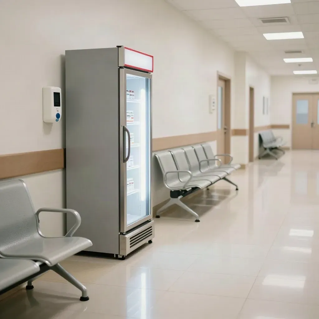 Couloir de clinique publique avec frigo à vaccins, chaises d’attente et carrelage brillant.
