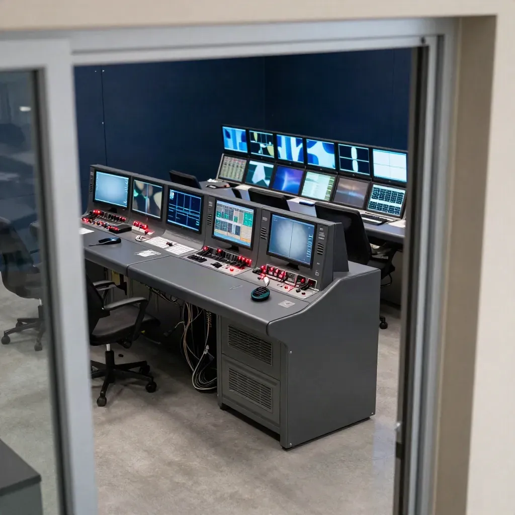 Vue en plongée d’une régie télé en activité, écrans tournés et voyants rouges.