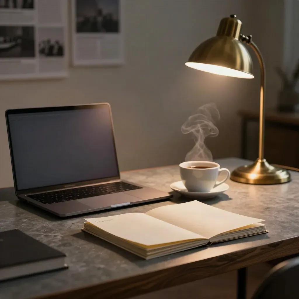 Bureau de rédaction à l’aube, ordinateur fermé, tasse fumante et lampe chaude.