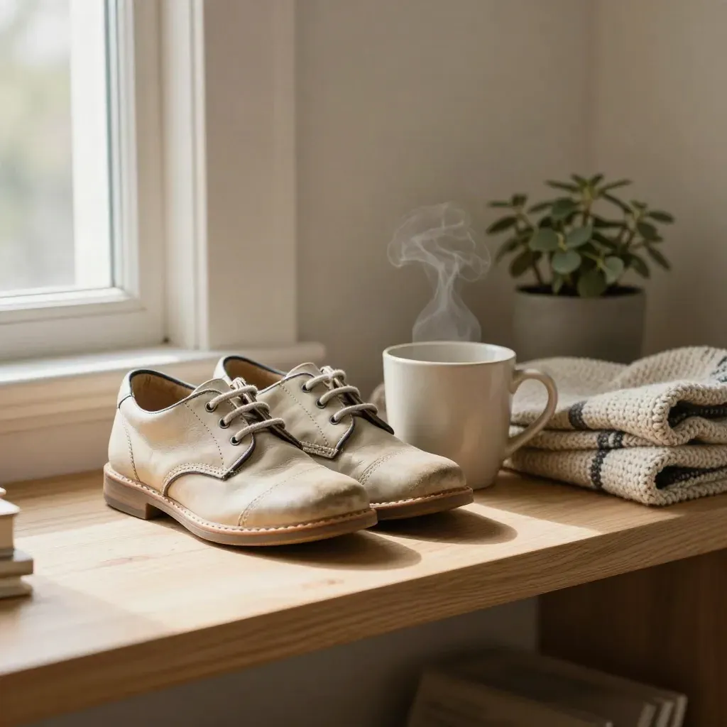 Chaussures d’écolier, tasse, couverture tricotée et plante sur étagère en chêne.