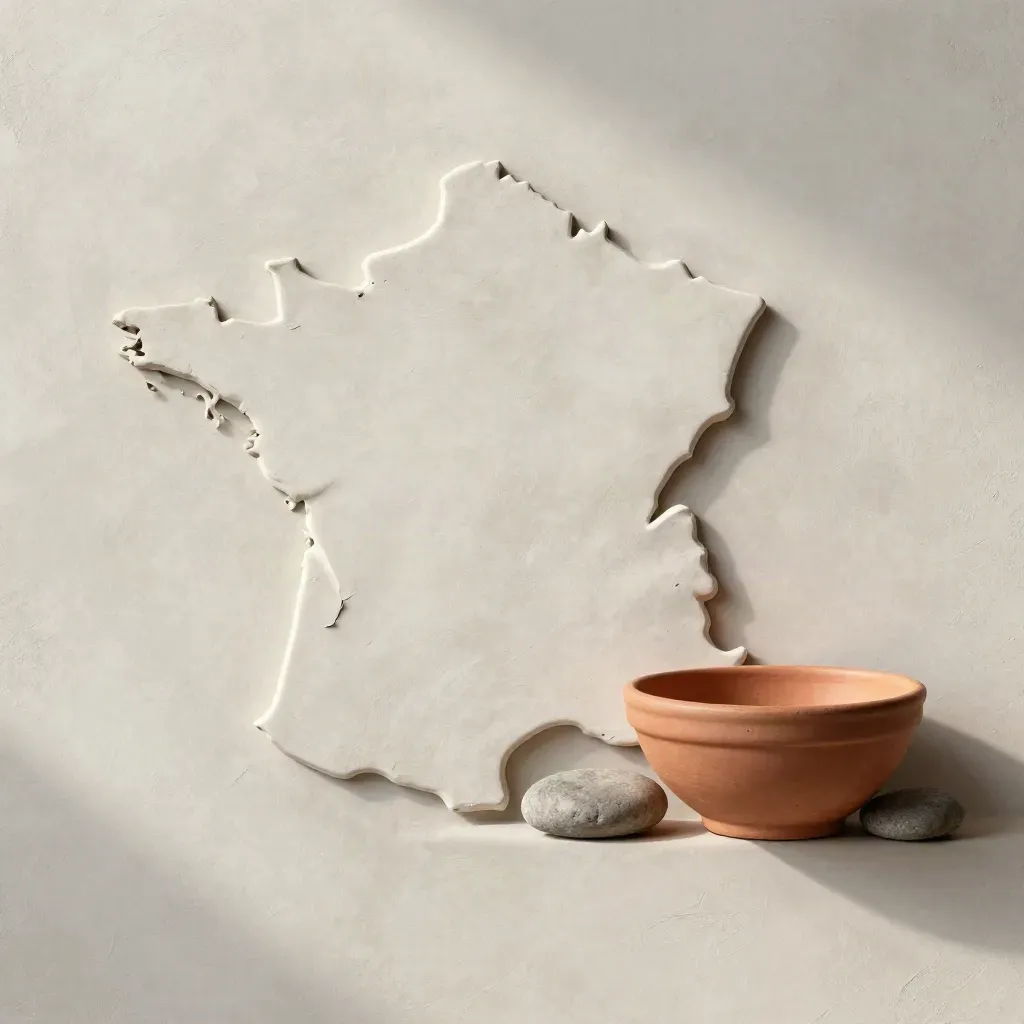Silhouette de la France en argile, pierres de rivière et bol en terre cuite sur plâtre.